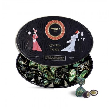Black oval tin mint choc candies